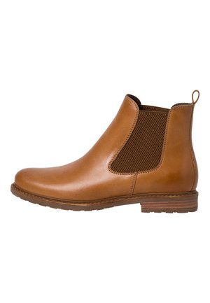 Tan leren Chelsea-boot met elastische zijpanelen, ronde neus en een kleine hak. Gladde afwerking met een getextureerde stoffen accent aan de zijkanten.