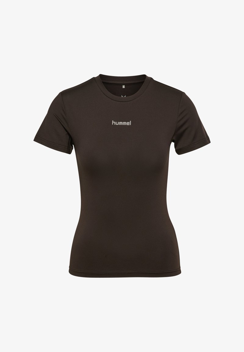 Mørkebrun kortærmet træningsskjorte lavet af glat, letvægtsstof. Har et lille, gråt "hummel" logo på brystet.