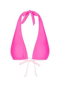 Top bikini a halter rosa con forma triangolare, laccetti regolabili e una fascia di sostegno rosa chiaro. Tessuto liscio.