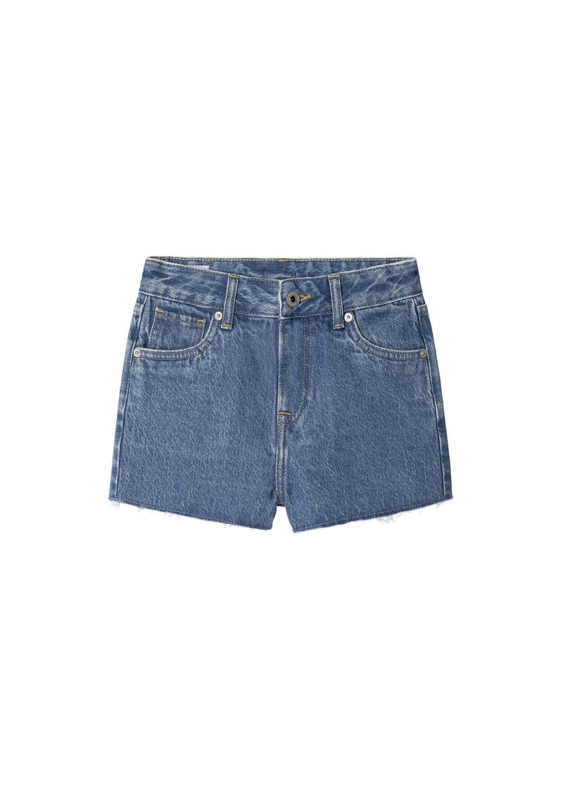 Jeans kratke hlače v srednje modri barvi z razfrkanim robom, petimi žepi in kovinskim gumbom za zapiranje. Tkanina ima rahlo obrabljen videz.