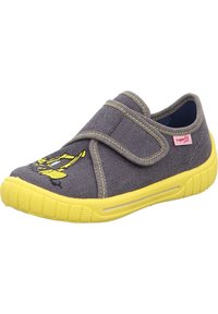 Šedá látková nazouvací bota s žoultou gumovou podešví, suchým zipem a kresleným grafickým motivem na špičce. Texturovaný design pro lepší úchop a pohodlí.