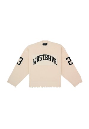 Ribbed knit cream sweater with cropped design, black “WRSTBHVA” text, and “23” on sleeves. Frayed hem and loose fit.
