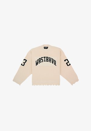 Geripptes gestricktes cremefarbenes Sweatshirt mit verkürztem Schnitt, schwarzem "WRSTBHVA"-Text und "23" auf den Ärmeln. Ausgefranster Saum und lockere Passform.