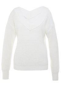 Maglione bianco lavorato a maglia con ampio scollo a V, maniche lunghe e polsini e orlo a coste. Tessuto testurizzato con una vestibilità rilassata.