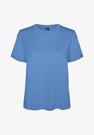 T-shirt blu a maniche corte con scollo tondo, polsini piegati e vestibilità regolare, mostrata su sfondo bianco.