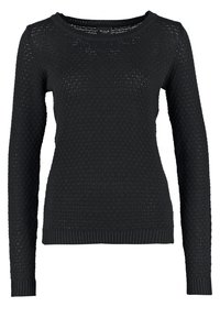 Svart långärmad stickad tröja med bikupemönster och ribbade muddar och nederkant, rund halsringning.