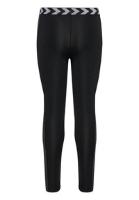 Svarta leggings med ett texturerat svart-vitt zickzackmönstrat midjeband, med en smidig, figurnära design och kontrasterande nätpaneler på sidorna.