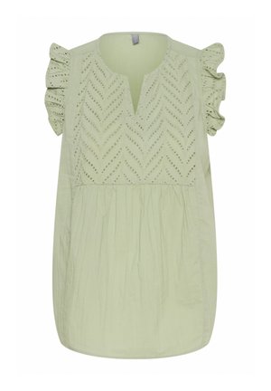 Light green blouse featuring a V-neck, short ruffled sleeves, and a textured pattern with cut-outs in a chevron design. Soft fabric.