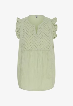 Light green blouse featuring a V-neck, short ruffled sleeves, and a textured pattern with cut-outs in a chevron design. Soft fabric.