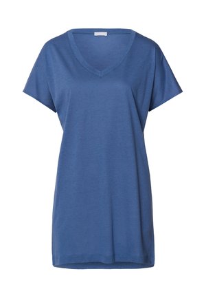 Blauwe katoenen t-shirt met een v-hals en korte mouwen, gekenmerkt door een relaxte pasvorm en een soepele textuur. Eenvoudig ontwerp zonder patronen of accenten.