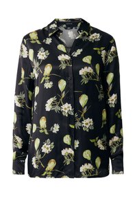 Maglietta nera a maniche lunghe con motivo floreale caratterizzato da petali verdi e fiori bianchi. Tessuto morbido, chiusura con bottoni e design del colletto classico.