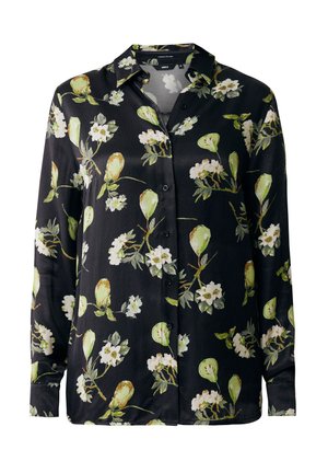 Zwarte overhemd met lange mouwen en een bloemenpatroon met groene bloemblaadjes en witte bloemen. Gladde stof, knoopsluiting en klassiek kraagontwerp.