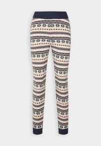 Leggings à motifs avec un mélange de designs bleu marine, rose pâle et noir. Tissu doux avec une taille côtelée et des accents de flocons de neige.