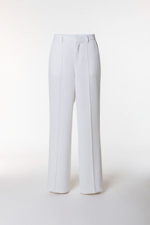 White, wide-leg trousers with subtle vertical stripes, flat front, and two side pockets. Made from a smooth, lightweight fabric.