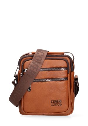 Sac bandoulière en cuir marron avec deux poches zippées à l'avant et une bandoulière réglable embossée du texte "Coveri Active".
