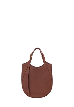 Brown leather shoulder handbag with adjustable strap and gold buckle, rounded bottom, and pebbled texture.