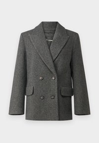 Dvouvrstvý sako tmavě šedé vlněné, s šálovým límcem, dvěma předními kapsami a černými knoflíky. Texturovaná látka s přizpůsobeným střihem.