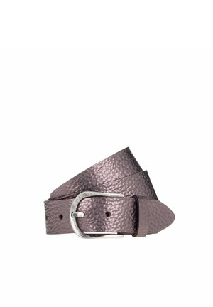 Cinturón de cuero púrpura texturizado con hebilla de metal plateada, que presenta un sutil patrón de piedras y un diseño tradicional.