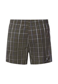 Pantalones cortos de cuadros para hombre en verde oliva, confeccionados con un tejido ligero con patrones de cuadros en blanco y azul marino. Cuentan con una cinturilla elástica.