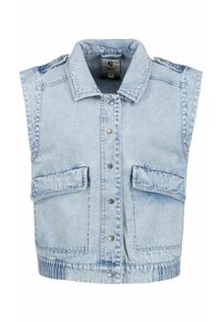 Ljust blå denimväst med krage, tryckknappar, två framfickor och utan ärmar. Har en något trasig fåll.