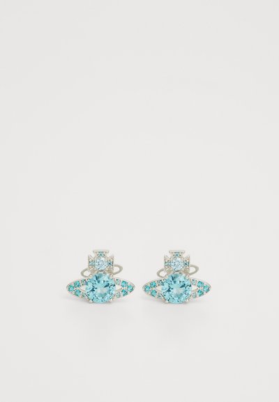 Aquamarine earrings featuring round and oval stones, set in silver-tone metal with a decorative design and sparkling accents.