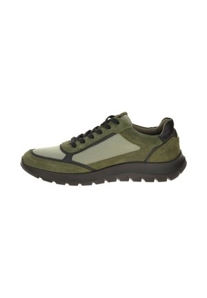 Green and black casual sneaker with mesh and suede upper, black laces, and thick rubber sole with deep treads, side view.