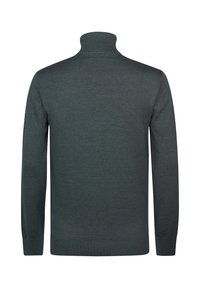 Pulover turtleneck de culoare verde închis, realizat dintr-un material tricotat moale, cu mâneci lungi și un design ajustat. Fără modele sau accente vizibile.