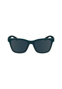 Occhiali da sole verdi con una montatura spessa in plastica, forma angolare e lenti scure. Presentano una leggera curvatura nelle tempie.