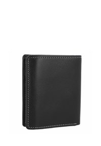 Black leather wallet with white stitching, bi-fold design, smooth texture, and rounded corners. No visible logos or patterns.