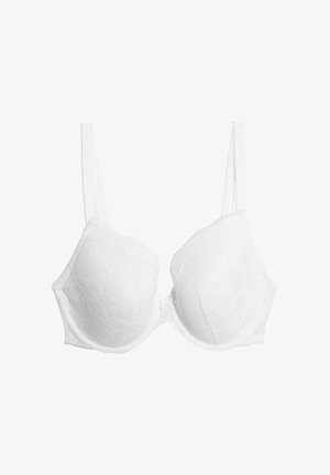 Reggiseno bianco in pizzo con ferretti. Presenta coppe morbide, spalline regolabili e una texture liscia. Motivo in pizzo decorativo su tutta la stoffa.