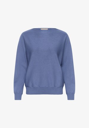 Plavi pleteni pulover s okruglim dekolteom, dugim rukavima i rebrastim rubom i manžetama. Ima teksturiranu tkaninu koja dodaje dubinu.