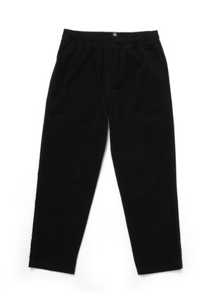 Black corduroy pants with an elastic waistband, straight-leg design, and subtle textured pattern. No pockets or visible hardware details.