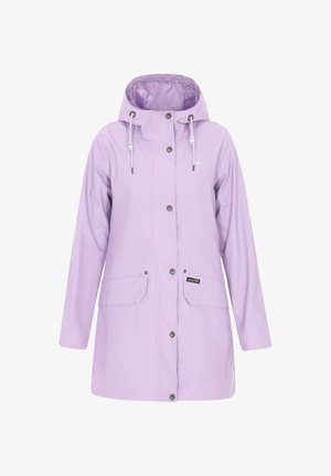 Lazdynų spalvos neperšlampamas lietpaltis su kapišonu, mygtukų uždarymu, dviem priekinėmis kišenėmis ir reguliuojamomis raišteliais kaklo srityje. Slydus tekstūros.