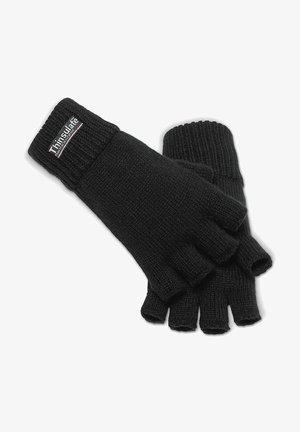 Juodos bepirštės pirštinės, pagamintos iš megztos medžiagos, su raišteliais, ant riešo dalies yra Thinsulate etiketas.