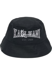 Sort bucket hat lavet af bomuld, med hvidt broderet logo "KARLKANI EST. 1989" foran, samt et mærketag på siden.