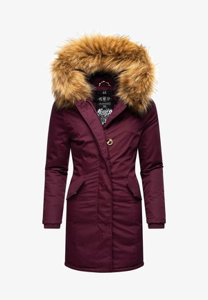 Geacă căptușită burgundy cu glugă din blană sintetică, două buzunare frontale, închidere cu nasturi și manșete ribbate. Interiorul are un căptușel cu un model.