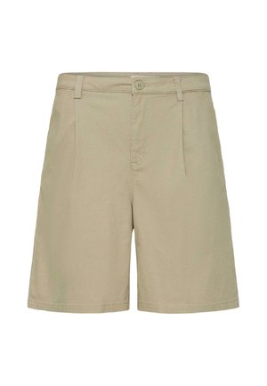 Beige knee-length shorts with button closure, belt loops, and front pleats, displayed on a plain white background.