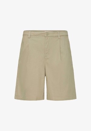 Beige knee-length shorts with button closure, belt loops, and front pleats, displayed on a plain white background.