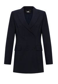 Navy double-breasted blazer with sharp lapels, two front pockets, and a tailored fit featuring six buttons and smooth fabric texture.