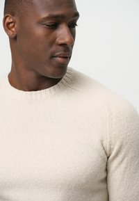 Cremfarbener gestrickter Pullover mit rundem Ausschnitt, dessen Textur ein dezentes Muster zeigt, sowie gerippten Details am Kragen und den Schultern.