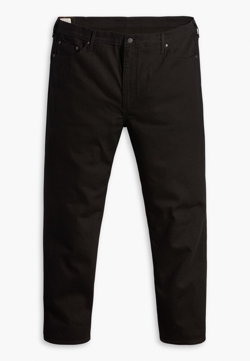Jean droit noir avec bouton et fermeture éclair à l'avant, conception à cinq poches et passants de ceinture sur un fond blanc.