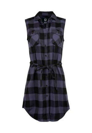 Šaty bez rukávů v purpurové a černé kostkované vzoru, s knoflíkovým zapínáním, dvěma náprsními kapsami a páskem v pase. Měkká textilie.