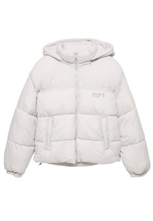 Weiße gepolsterte Jacke mit Kapuze, ausgestattet mit einem Reißverschluss vorn, zwei seitlichen Taschen und einem gesteppten Design. Glatte Textur mit minimalem Branding.