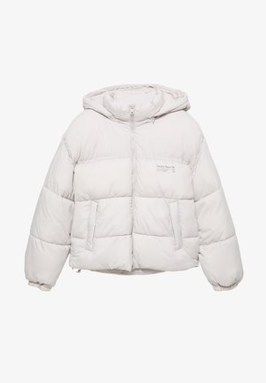 Giacca imbottita bianca con cappuccio, dotata di zip frontale, due tasche laterali e design trapuntato. Tessuto liscio con minimal branding.