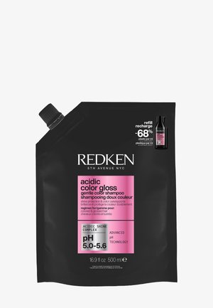 Czarna torebka uzupełniająca szampon Redken acidic color gloss gentle color z różowo-białą etykietą, 500 ml, pH 5,0-5,6, zmniejsza użycie plastiku o 68 procent.