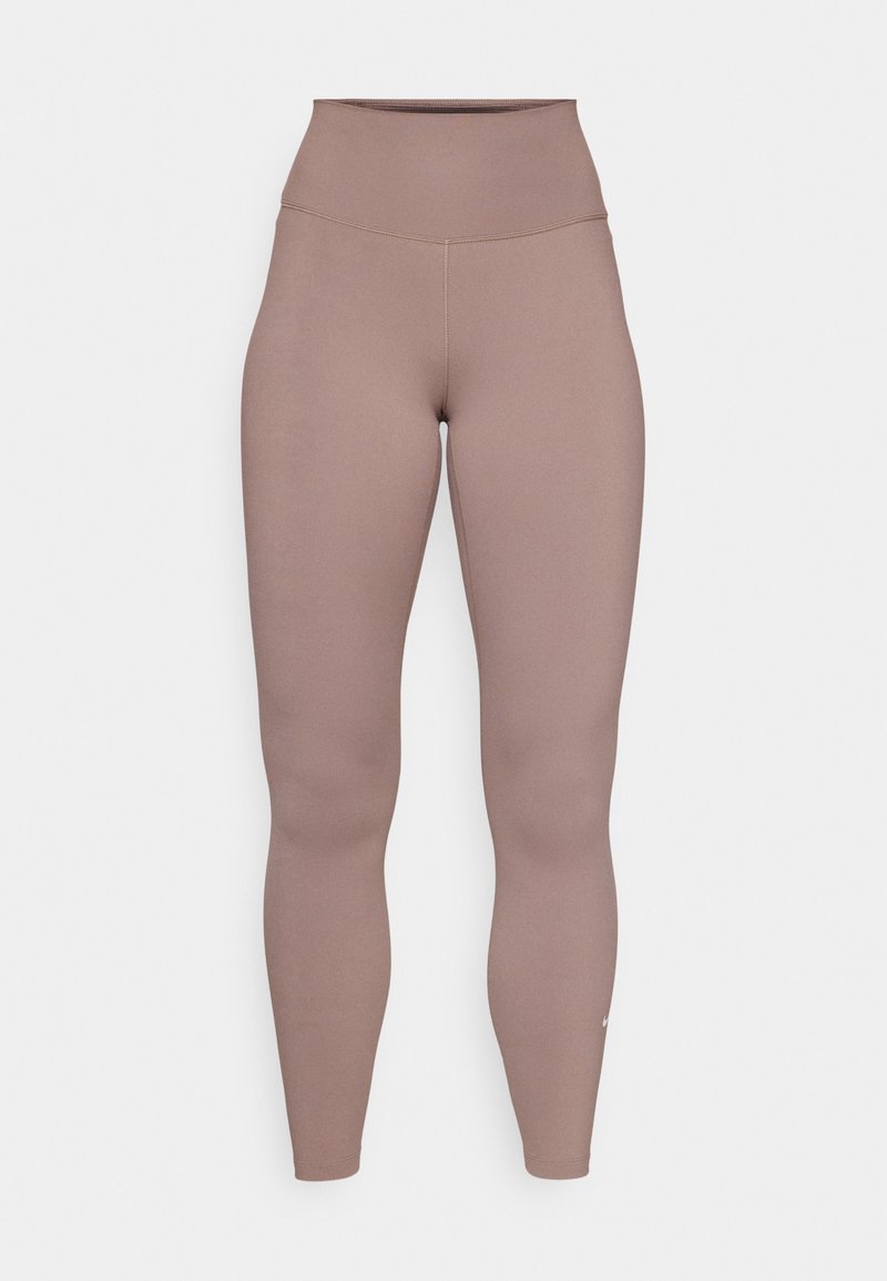 High-waisted leggings in een gedempt mauve kleur, gemaakt van een soepele stretchstof, met minimale stiksels en een klein logo aan de zoom.