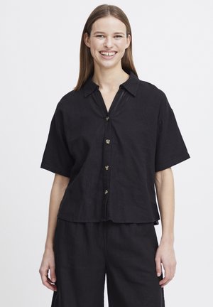 Black short-sleeve shirt with a collar, made of lightweight fabric. Features a button-down front and a relaxed, boxy fit.