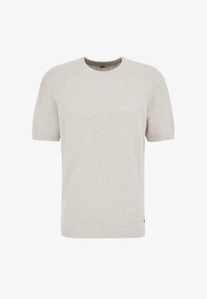 Lichtbeige gebreide trui met korte mouwen, ronde hals en subtiel gestructureerd patroon, weergegeven op een effen witte achtergrond.