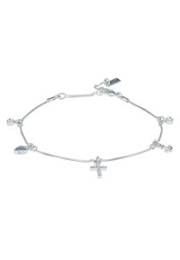 Silberne Kettenarmband mit einem Kreuz-Anhänger, einem Herz-Charm und Anker-Detail. Glatte Textur mit glänzendem Finish und Karabinerverschluss.