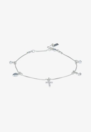 Sidabrinė grandinėlė su kryžiaus pakabuku, širdies žavesiu ir inkaru. Lygi tekstūra su blizgiu paviršiumi ir omarų užsegimu.